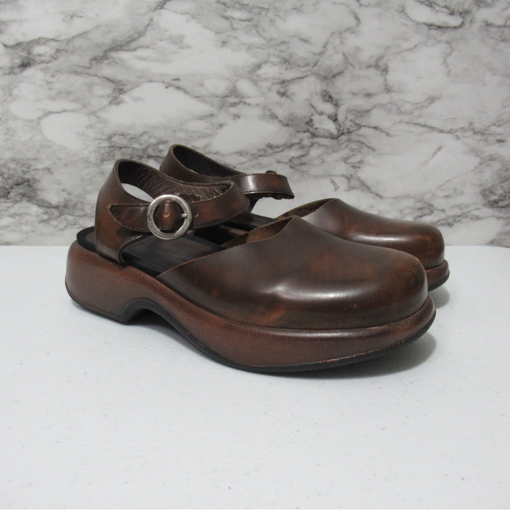 Dansko Brown Leather Mary Jane Clogs with Buckle
